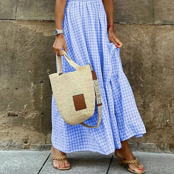 Multicolor Boho Women's Elegant Vacation Plaid Dress With Ruffled Straps - Picture 2 of 5